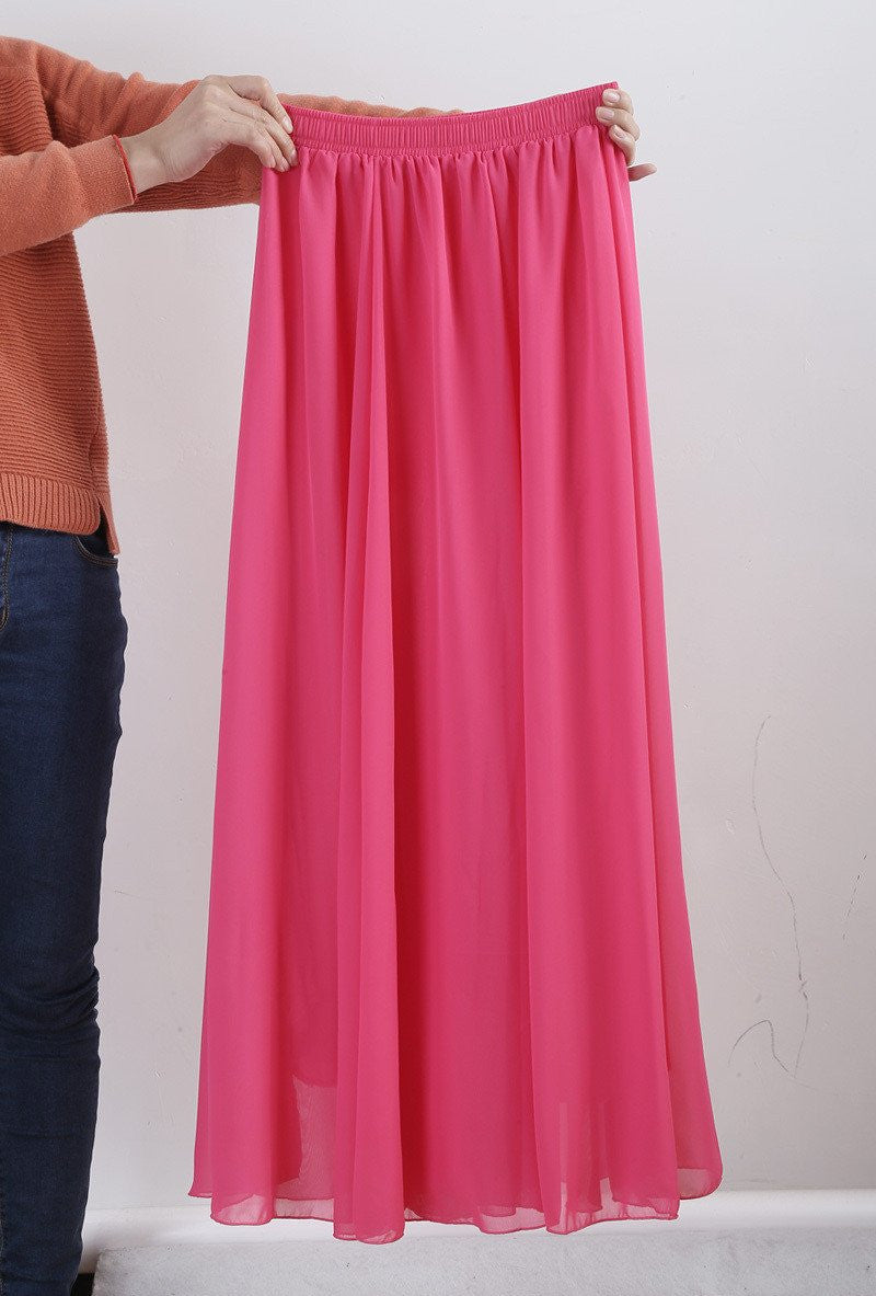 Women Chiffon Long Skirts Candy Color Pleated Maxi Skirts Spring Summer Skirts