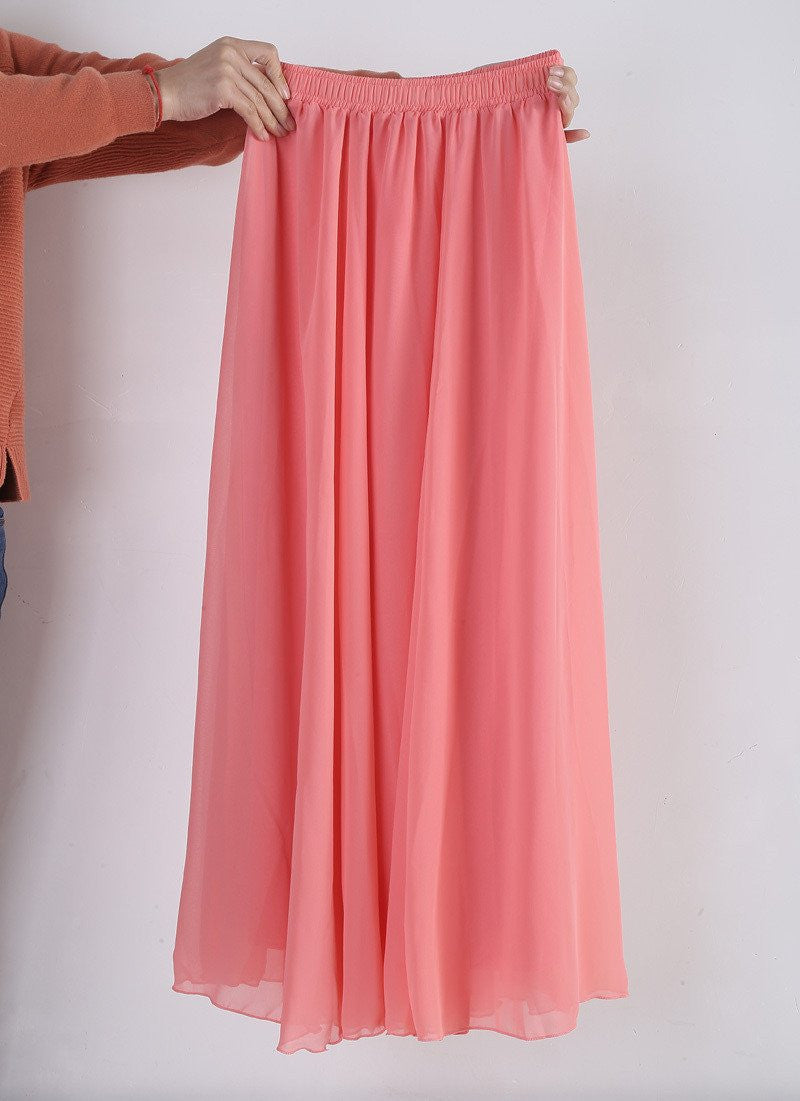 Women Chiffon Long Skirts Candy Color Pleated Maxi Skirts Spring Summer Skirts