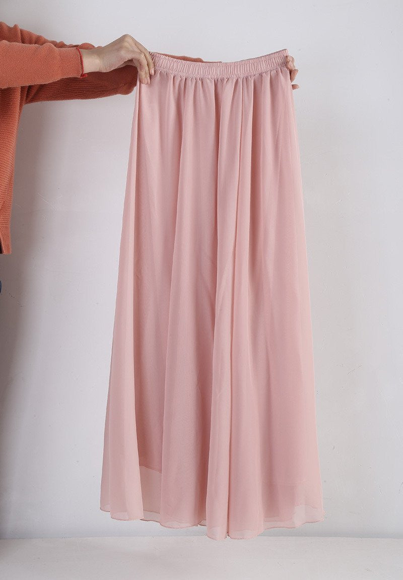 Women Chiffon Long Skirts Candy Color Pleated Maxi Skirts Spring Summer Skirts