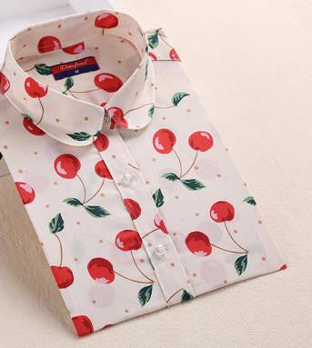 Vintage Cherry Blouses Long Sleeve Floral Shirt Women White Blouse Casual Plus Size Ladies Office Shirts