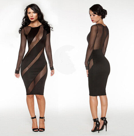 Online discount shop Australia - Clubwear Party Night Club Dress Mesh Long Sleeve Black Lace Dress Bodycon Bandage Womens Sexy Dresses Summer Midi Dress