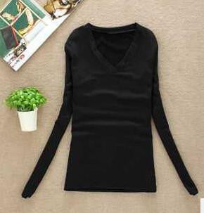 Women T-shirt Slim sexy v-neck long sleeve T-shirt Women Pure color