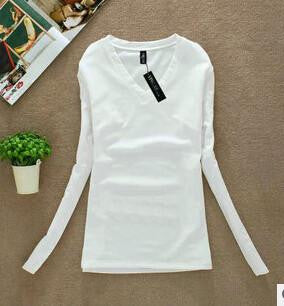 Women T-shirt Slim sexy v-neck long sleeve T-shirt Women Pure color