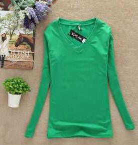 Women T-shirt Slim sexy v-neck long sleeve T-shirt Women Pure color