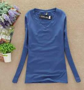 Women T-shirt Slim sexy v-neck long sleeve T-shirt Women Pure color