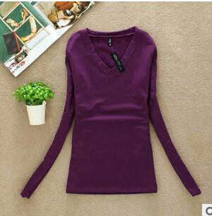 Women T-shirt Slim sexy v-neck long sleeve T-shirt Women Pure color