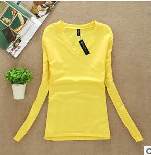 Women T-shirt Slim sexy v-neck long sleeve T-shirt Women Pure color