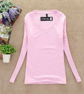 Women T-shirt Slim sexy v-neck long sleeve T-shirt Women Pure color