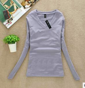 Women T-shirt Slim sexy v-neck long sleeve T-shirt Women Pure color
