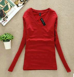 Women T-shirt Slim sexy v-neck long sleeve T-shirt Women Pure color