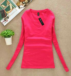 Women T-shirt Slim sexy v-neck long sleeve T-shirt Women Pure color