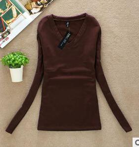 Women T-shirt Slim sexy v-neck long sleeve T-shirt Women Pure color