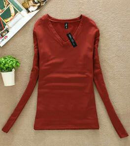 Women T-shirt Slim sexy v-neck long sleeve T-shirt Women Pure color