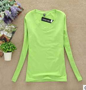 Women T-shirt Slim sexy v-neck long sleeve T-shirt Women Pure color