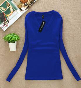 Women T-shirt Slim sexy v-neck long sleeve T-shirt Women Pure color