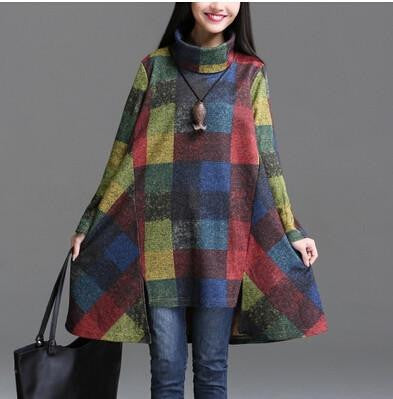 Winter Dress Plus Size Women Clothing Loose Casual Winter Dress Heap Turtleneck Irregular Plaid Thickening Cotton Dress Vestidos