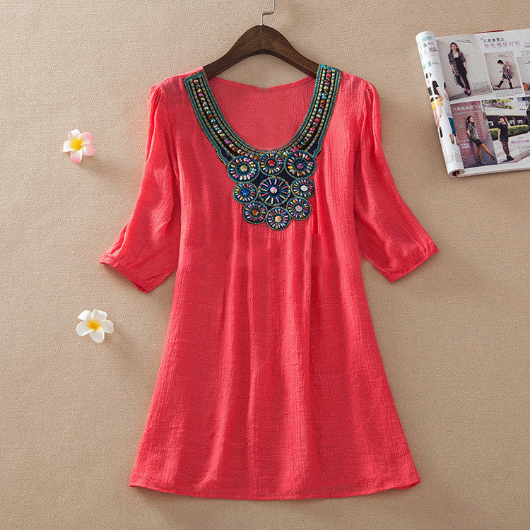 Fashion transparent Clothing Women V-Neck Beading long Linen Shirts Loose Tops And Women Blouses L-XXXL 6017