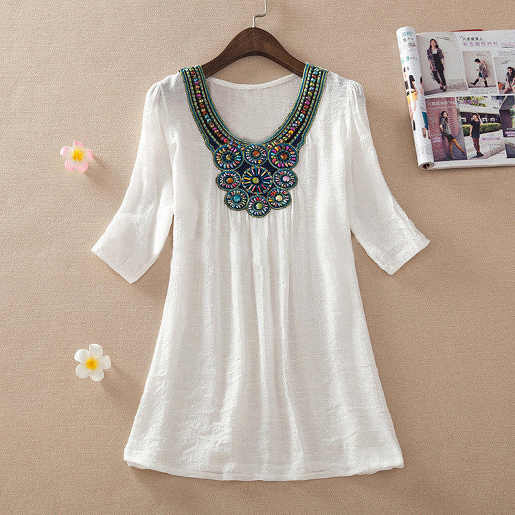 Fashion transparent Clothing Women V-Neck Beading long Linen Shirts Loose Tops And Women Blouses L-XXXL 6017