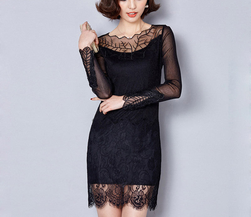 Online discount shop Australia - Embroidery Women Black Dress Fashion Spring Autumn Lace Dress Plus Size Long Sleeve Korean Dress