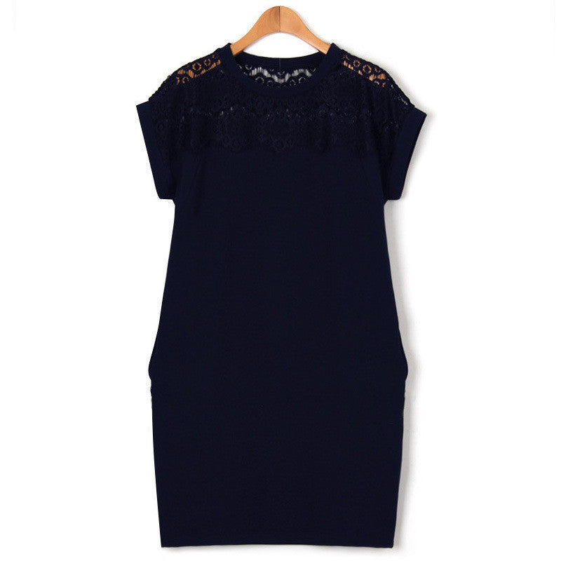 Summer Women's Dress Ladies Short Sleeve Lace Hollow Out Black White Blue One-piece Dress Plus size XL-5XL Famale vestidos