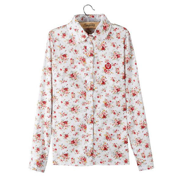 Online discount shop Australia - Fashion women work wear vintage floral print cotton blouse long sleeve elegant Shirts casual slim tops S-XL