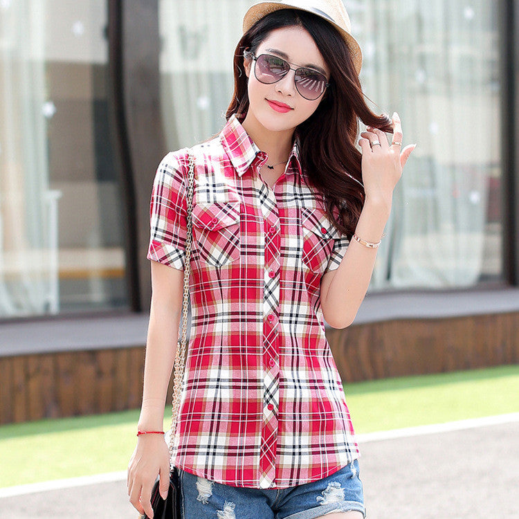 Online discount shop Australia - fashion plaid short sleeve shirt women blouse shirt casual cotton tops girl clothing shirt