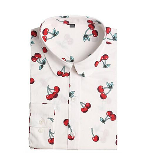 Women Cherry Blouses Long Sleeve Shirt Turn Down Collar Floral Blouse Women And Blouses Fashion