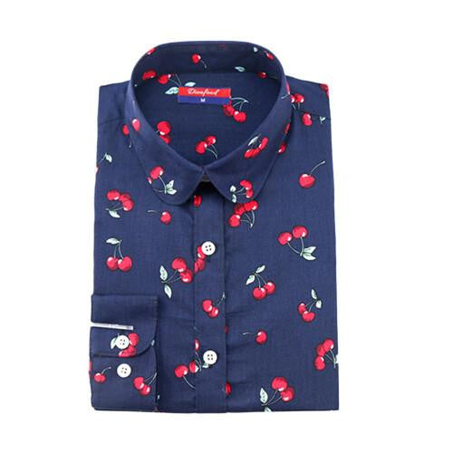 Women Cherry Blouses Long Sleeve Shirt Turn Down Collar Floral Blouse Women And Blouses Fashion