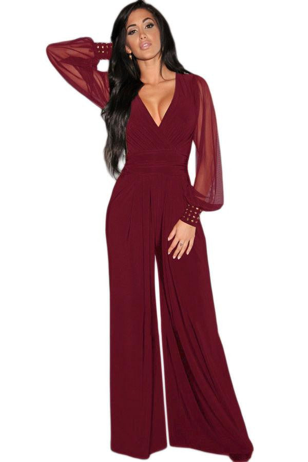 Womens rompers Club Party plus size XXL Black Embellished Cuffs Long Mesh Sleeves Jumpsuit