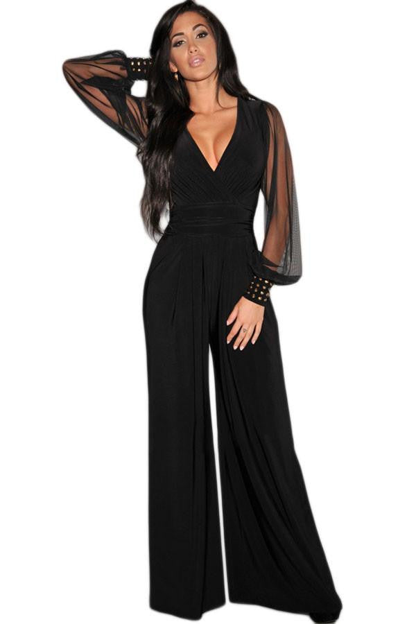 Womens rompers Club Party plus size XXL Black Embellished Cuffs Long Mesh Sleeves Jumpsuit
