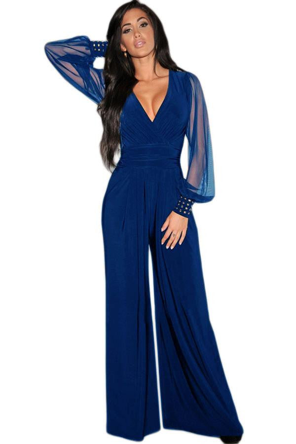 Womens rompers Club Party plus size XXL Black Embellished Cuffs Long Mesh Sleeves Jumpsuit