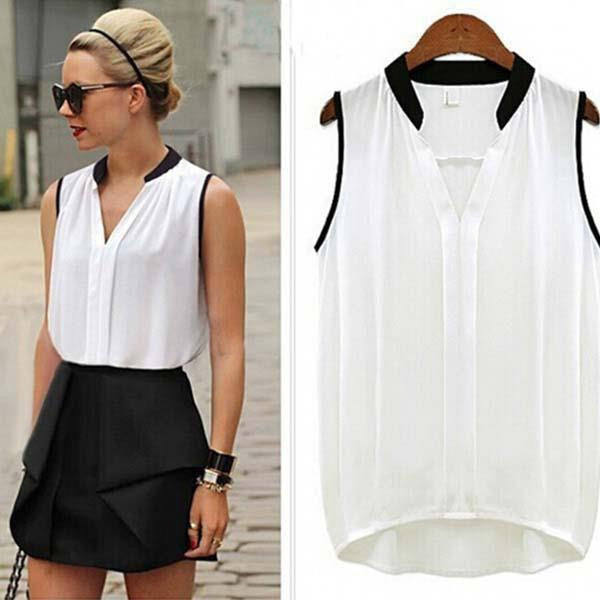 Women's White Color Sleeveless Shirt Plus Size Female Casual Chiffon Blouse J2520