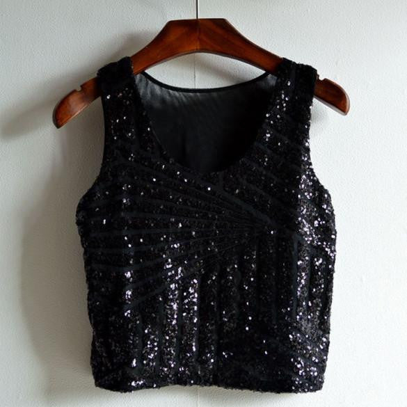 Women top Fashionable Striped Gauze Sequin Splicing Short Tank Crop Tops