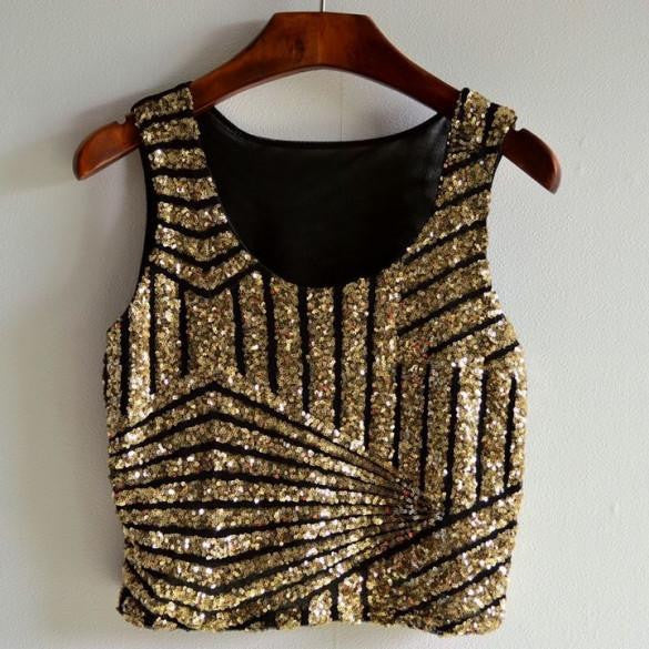 Women top Fashionable Striped Gauze Sequin Splicing Short Tank Crop Tops