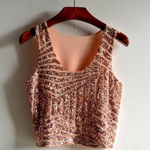 Women top Fashionable Striped Gauze Sequin Splicing Short Tank Crop Tops