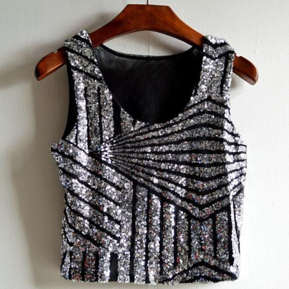 Women top Fashionable Striped Gauze Sequin Splicing Short Tank Crop Tops