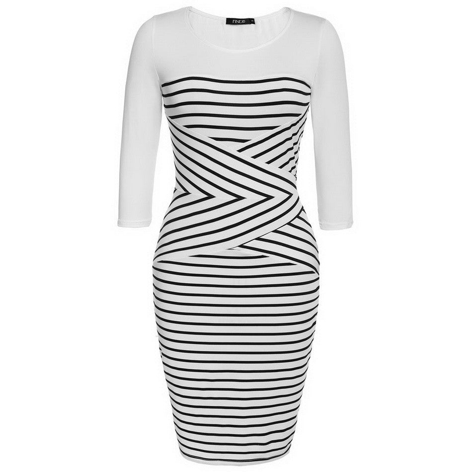 Online discount shop Australia - FINEJO Women Autumn Dress O-neck 3/4 Sleeve Sexy Casual Patchwork Striped Bodycon Pencil Dress S-XXL Women's Clothing Vestidos