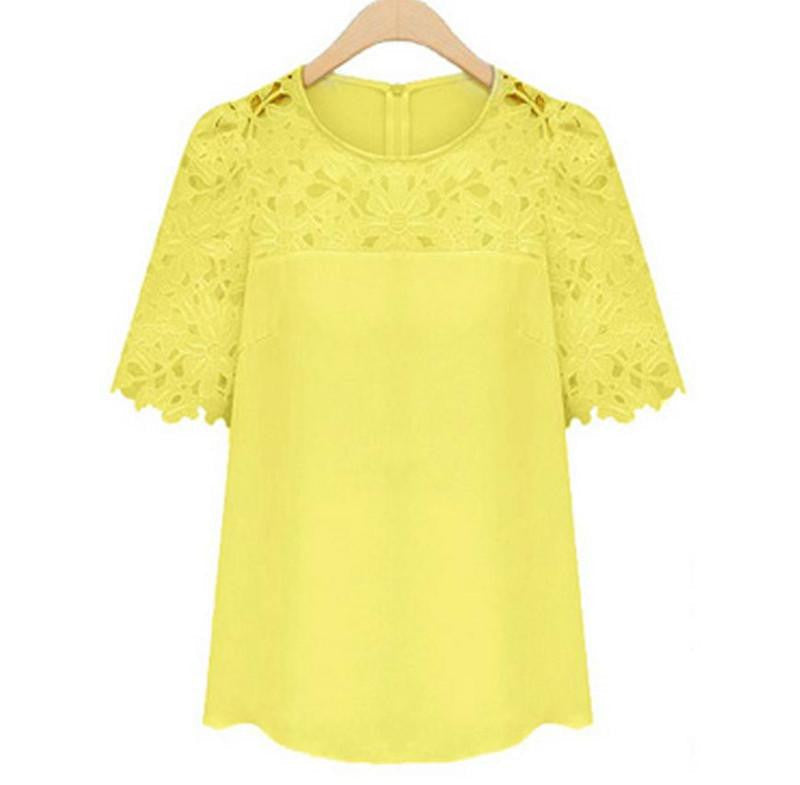 Women Clothing Lace Shirt Round Neck Short Sleeve Chiffon Blouse Female Tops Shirt