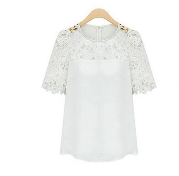 Women Clothing Lace Shirt Round Neck Short Sleeve Chiffon Blouse Female Tops Shirt