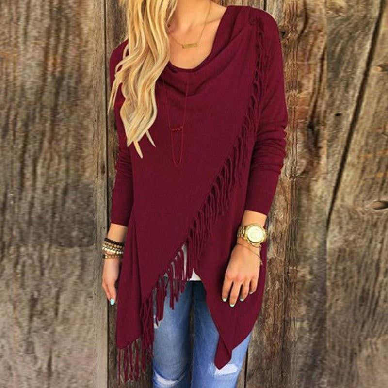 Women Tassels Irregular Hem Long Sleeve Blouses Shirts Casual Cardigan Solid Color Plus Size Tops