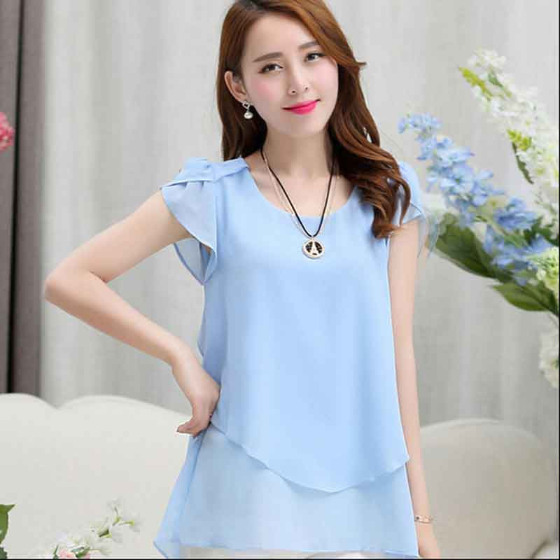 Plus size women chiffon blouses shirts o neck short sleeve double irregular solid fashion casual ladies tops