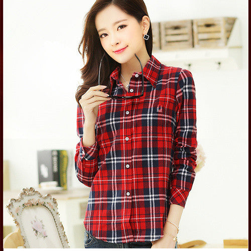 Fashion Women Blouses Long Sleeve Turn-down Collar Plaid Shirts Women Casual Cotton Shirt Style