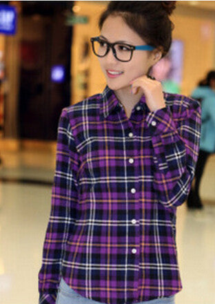 Fashion Women Blouses Long Sleeve Turn-down Collar Plaid Shirts Women Casual Cotton Shirt Style