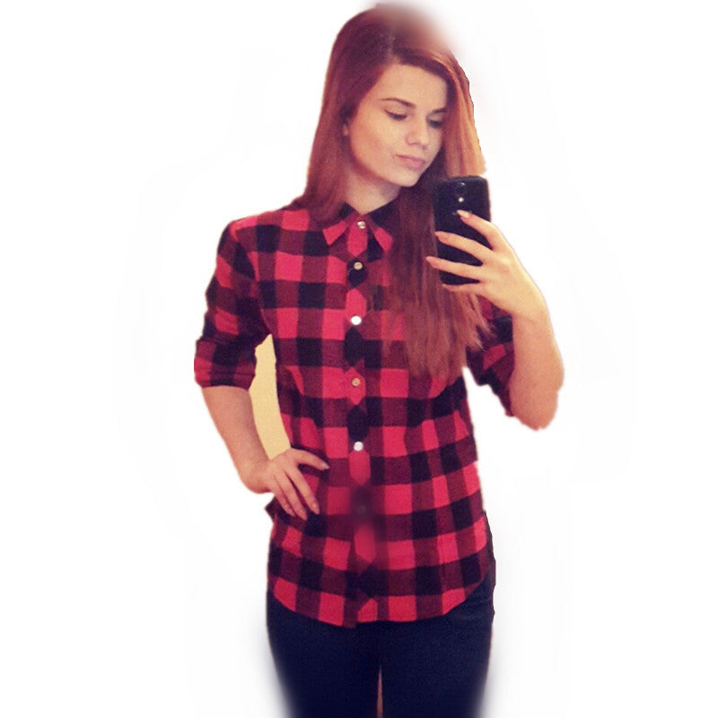 Fashion Women Blouses Long Sleeve Turn-down Collar Plaid Shirts Women Casual Cotton Shirt Style