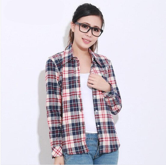 Fashion Women Blouses Long Sleeve Turn-down Collar Plaid Shirts Women Casual Cotton Shirt Style