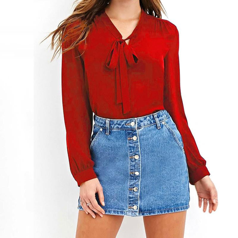 women Long-sleeve bow sexy shirt Sleeve plus size s-6xl Shirt Female black white red colour