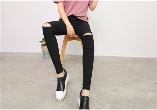 Online discount shop Australia - Cotton High Elastic Imitate Jeans Woman Knee Skinny Pencil Pants Slim Ripped Boyfriend Jeans For Women Black Ripped Jeans