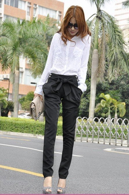 Online discount shop Australia - high waist women's Skinny Long Trousers OL casual Bow harem pants plus size Black, Khaki