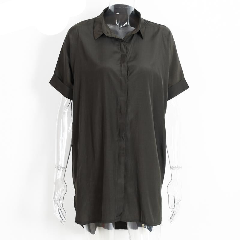 Online discount shop Australia - Casual side split satin dress shirt women Brief loose short sleeve office dress Sexy straight summer dress