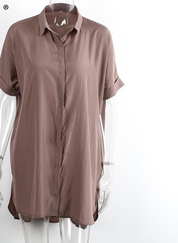 Online discount shop Australia - Casual side split satin dress shirt women Brief loose short sleeve office dress Sexy straight summer dress